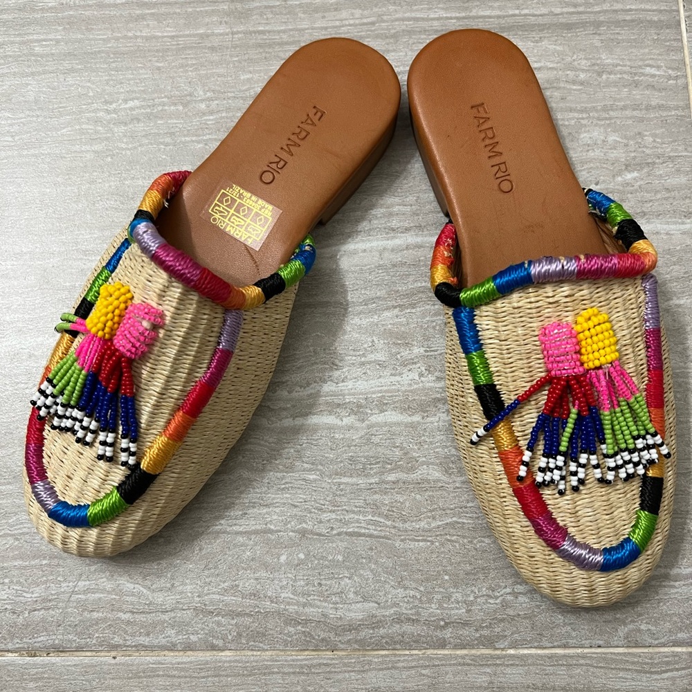 Farm Rio Natural Raffia Multicolor Rainbow Slip On Mule Sz 6